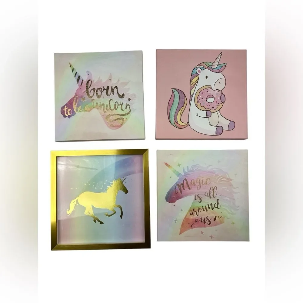 Set of 4 Unicorn Pink Gold Multicolor Donut Children’s Canvas /Framed Wall Art